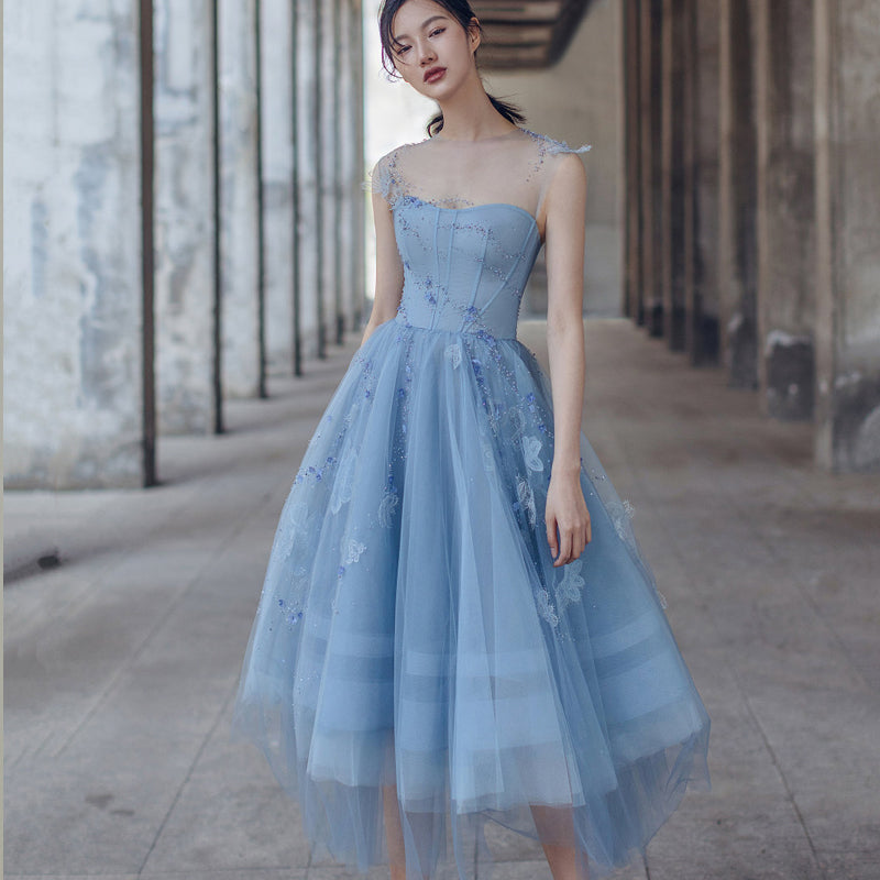 Cute blue tulle short prom dress evening dress