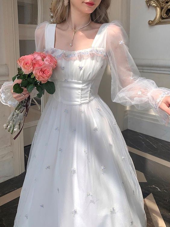 White Mesh Fairy Dress Woman French Vintage Embroidery Floral Flare Sleeve Princess Prom Dresses