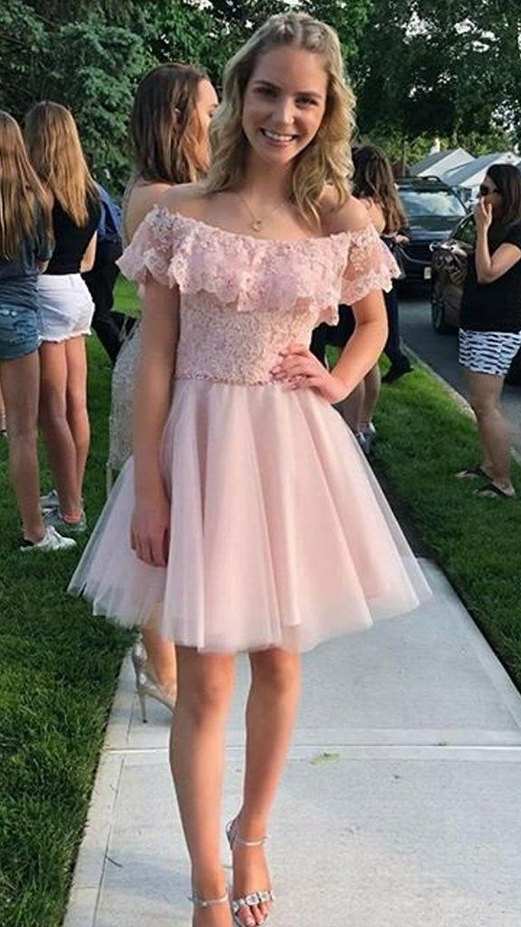 Cute Off The Shoulder Lace Top Tulle Homecoming Dress