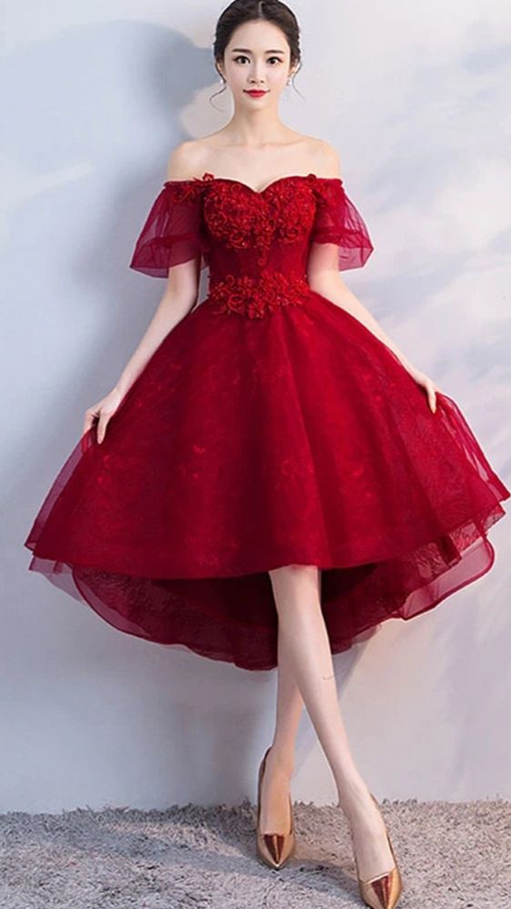 Burgundy tulle short prom dress, hi-low homecoming dress