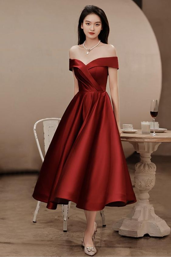 Elegant Satin Tea Length Party Dress, Wine Red Short Prom Dresses