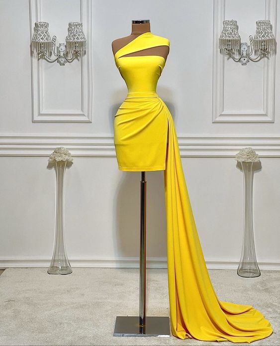 Yellow dinner short gown simple party dress