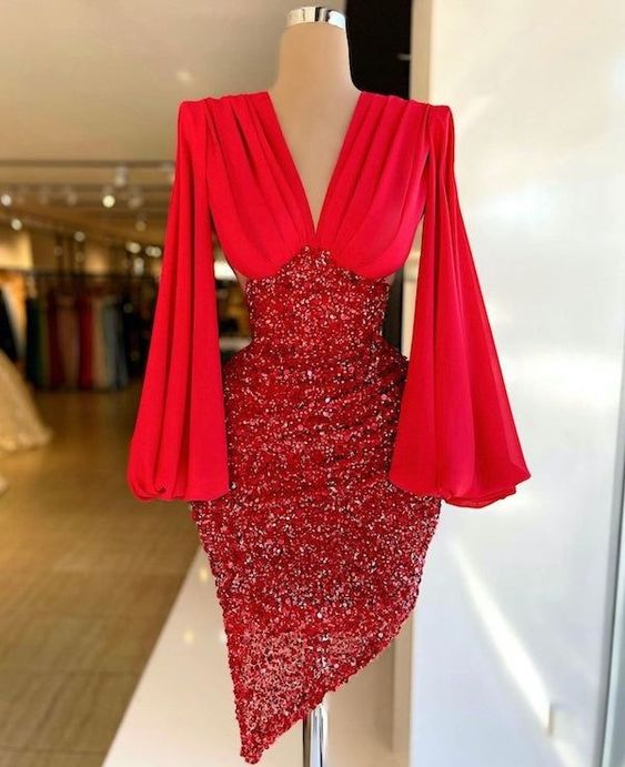 Red Short Irregular Party Dress Puffy Sleeves Homecoming Dress