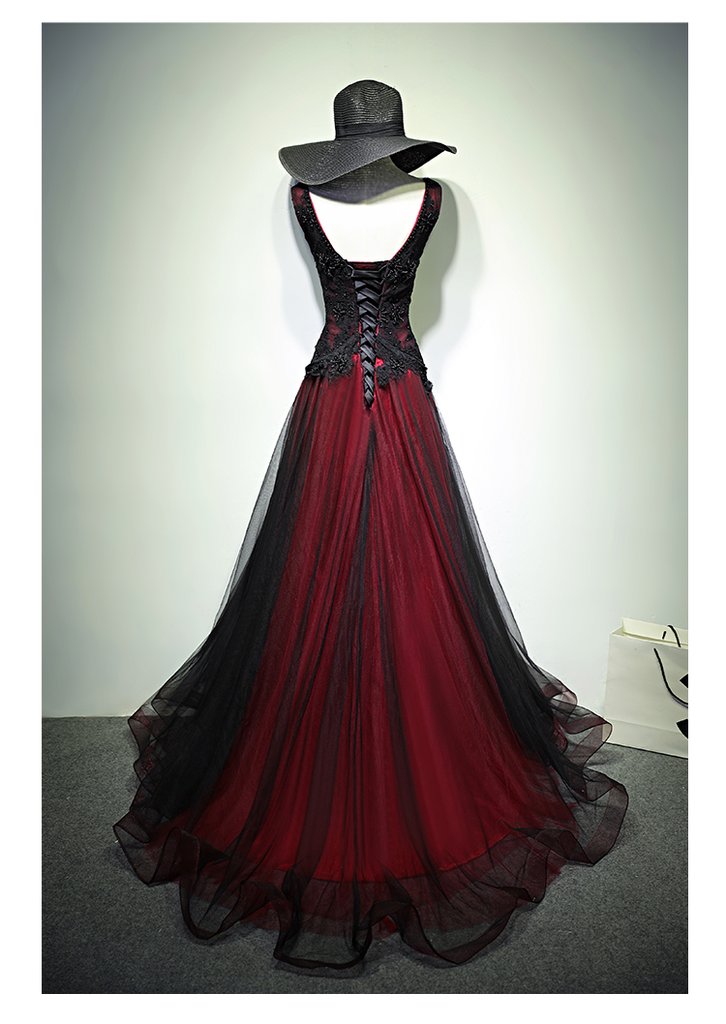 Gorgeous Black And Red V-Neckline Tulle Beaded Prom Dress, Long Evening Dress