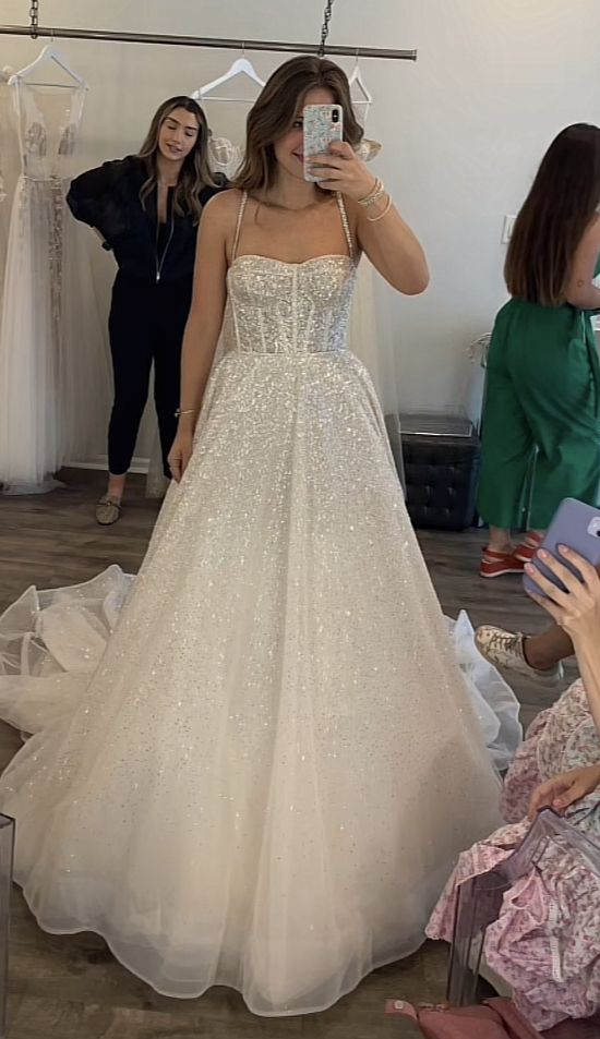 Glitter Beach Wedding Dresses Spaghetti Straps A-Line Bridal Gowns Open Back Long Simple Prom Dress