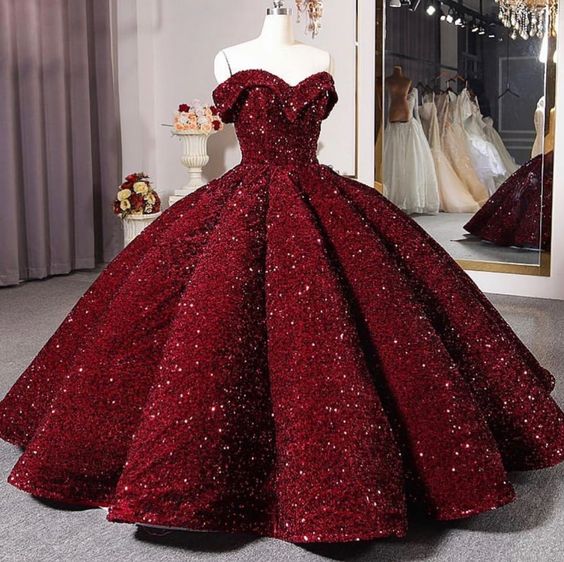 Burgundy Quinceanera Dress Off The Shoulder Sequins Ball Gown Sweet 16 Dress