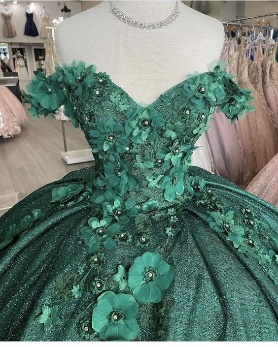 Off The Shoulder Ball Gown Green Sweet 16 Dress
