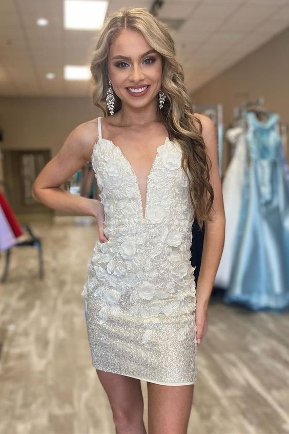 tight straps silver short homecoming dress party dress with flowers