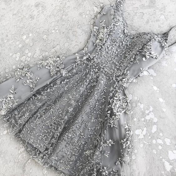 Silver Sequin Lace V Neck Tulle Dresses Short Homecoming Dress