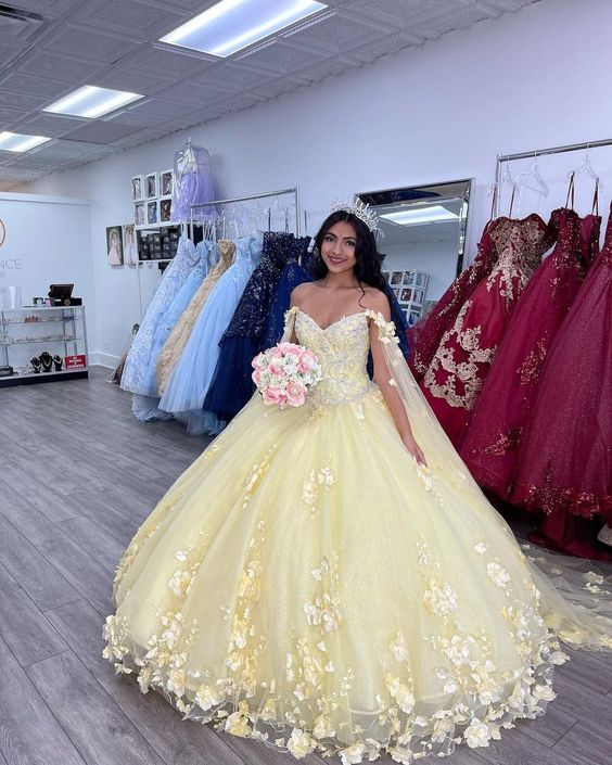 Yellow Ball Gown With Appliques Sweet 16 Dress