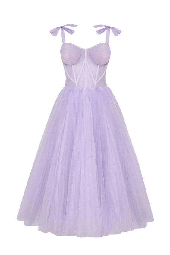 Tie shoulder midi tulle prom dress