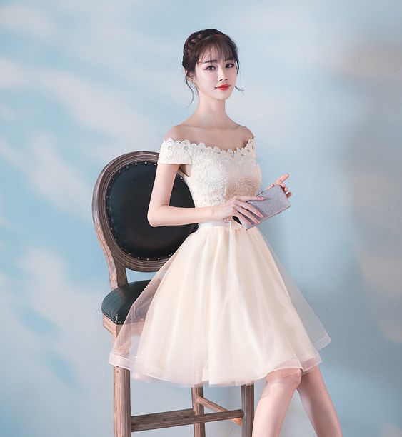 Cute Short Tulle With Lace Party Dress