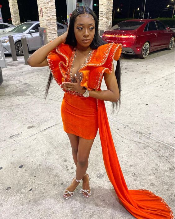 Orange Velvet Short Prom Dress Beaded Ruffle Sleeve Real Picture African Dark Skin Girl Party Dress