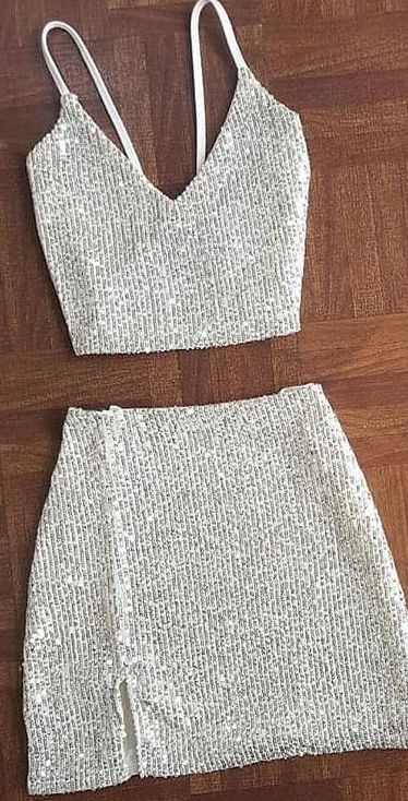 Two piece sequins party dress straps v neck homecoming dress