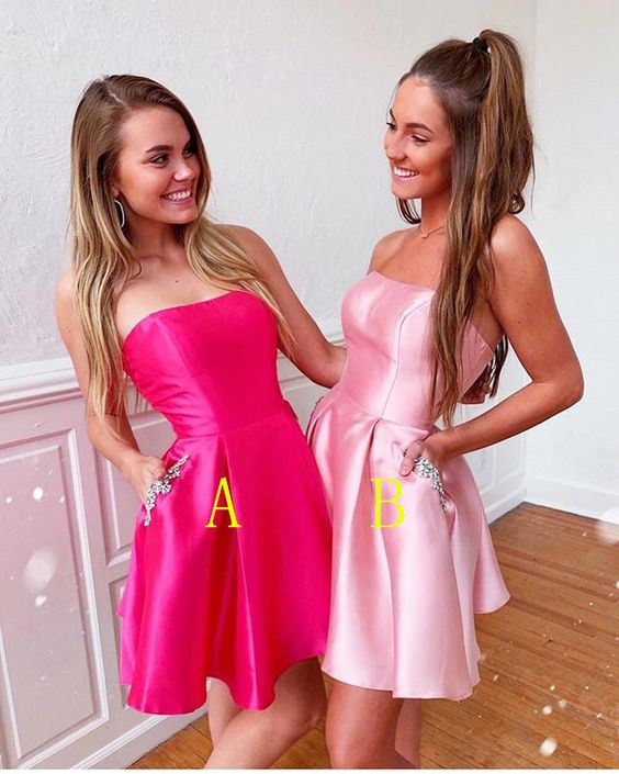 Strapless A-line Satin Cute Short Homecoming Dresses With Pockets