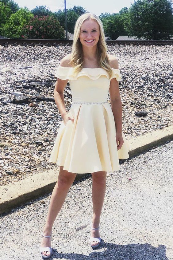 Short Off Shoulder Yellow Homecoming Dress