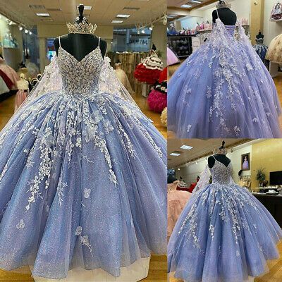 Lilac Quinceanera Dresses Spaghetti Straps Sweet 15 Ball Gown Lace Applique Bead