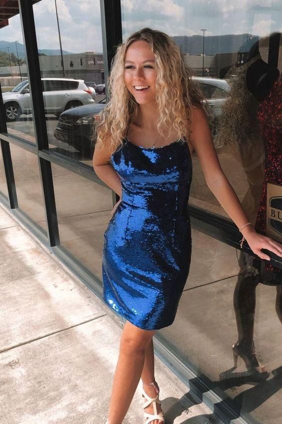 Navy Blue Sequins Homecoming Dress