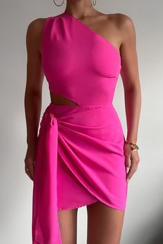 Hot pink one shoulder party dress ruches party dress