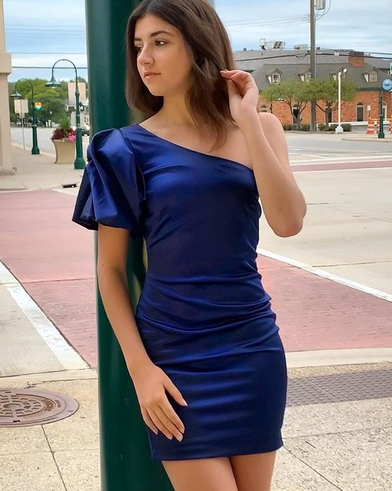 One Shoulder Navy Blue Tight Homecoming Dress with Short Sleeves