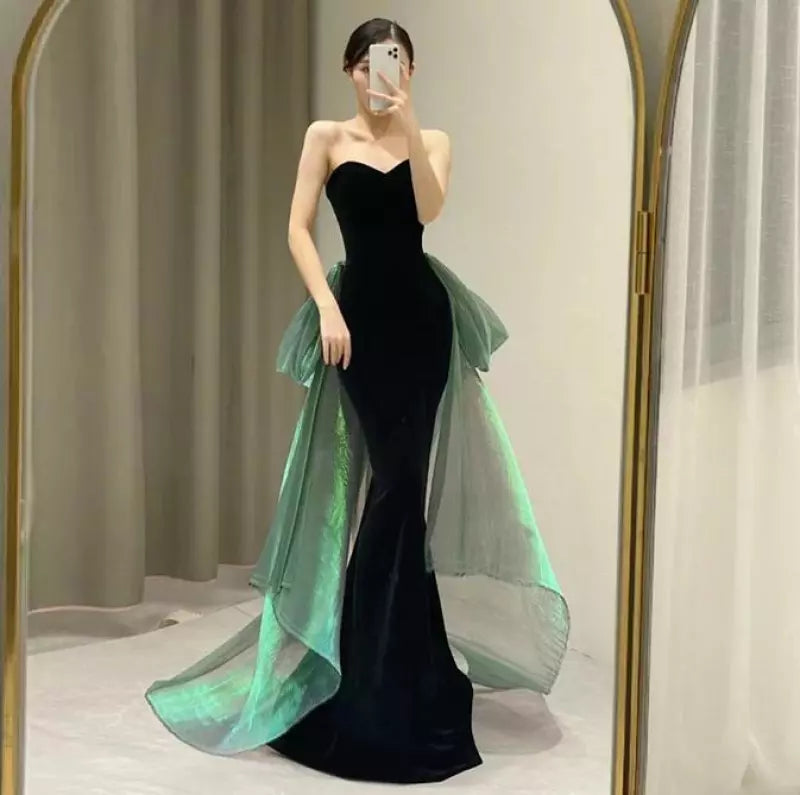 Vintage Mermaid Sweetheart Black Velvet Long Evening Dress Prom Dresses With Bow