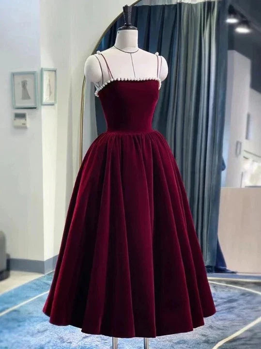 Spaghetti Straps Burgundy Velvet Prom Dress Simple Prom Dress Party Dress