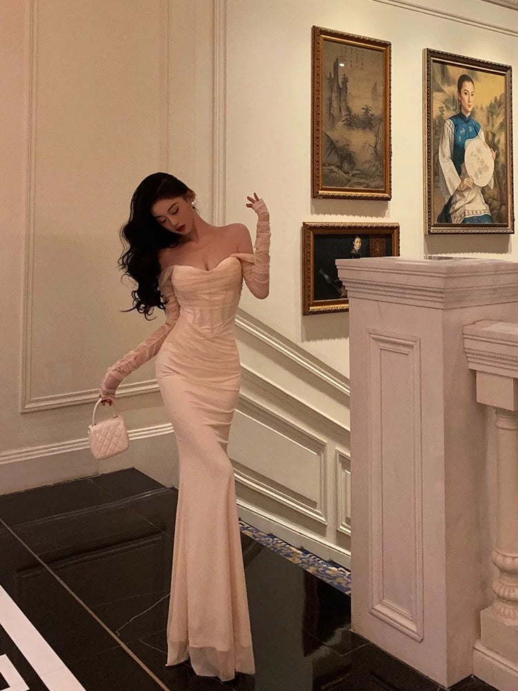 Chic Mermaid Off The Shoulder Long Sleeves White Long Prom Dresses Birthday Dress