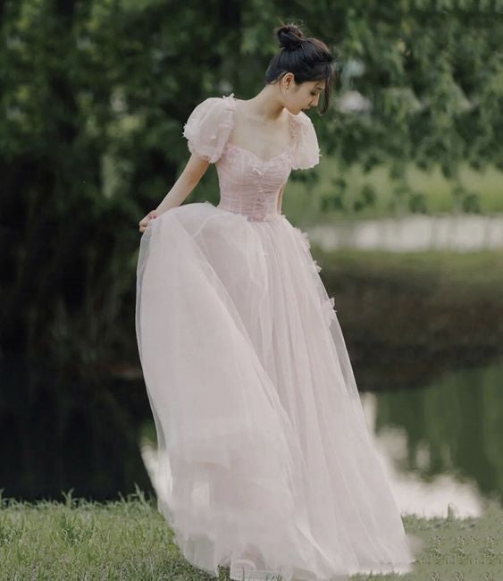Pink tulle long A line prom dress evening dress