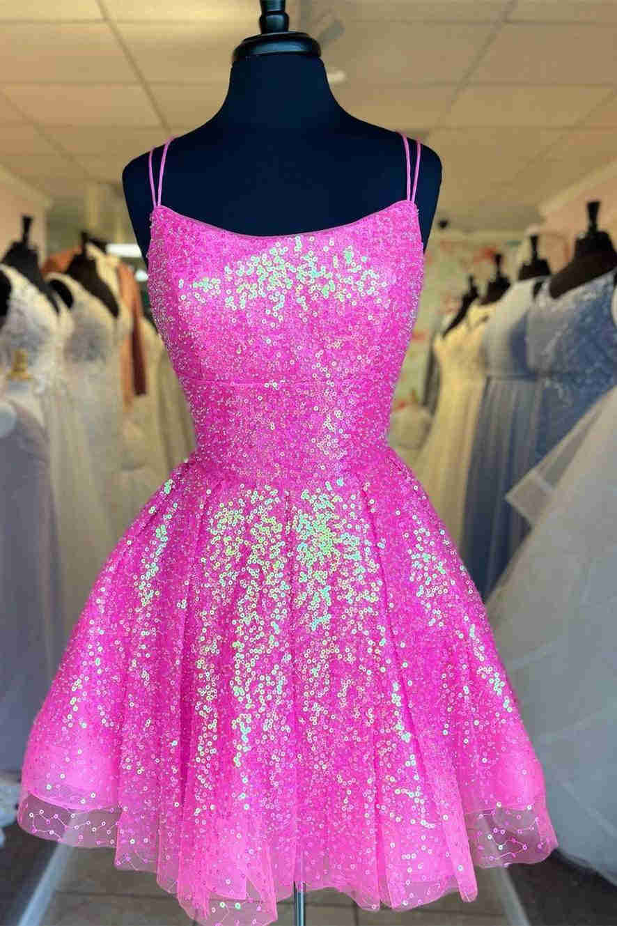 Cute Sequins A-Line Homecoming Dress Lace-up Shiny Party Dress