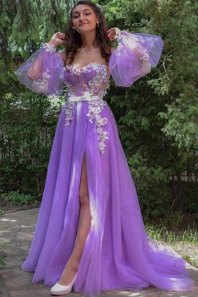 Lilac A line Long Sleeves Spaghetti Straps Prom Dresses with Side Slit, Appliques Dance Dress