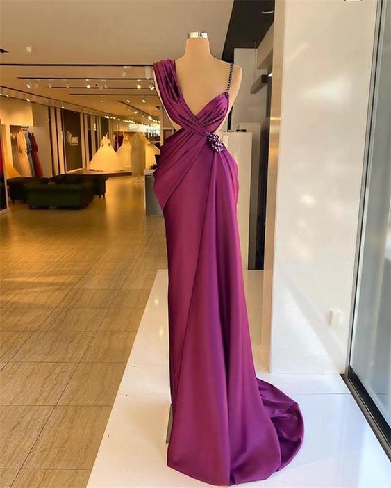 Purple Prom Dresses Beaded Crystals Ruched Pleats Satin Spaghetti Straps Formal Evening Gown