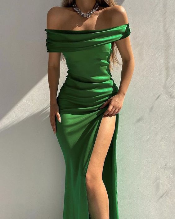 Off Shoulder High Slit Satin Evening Dress