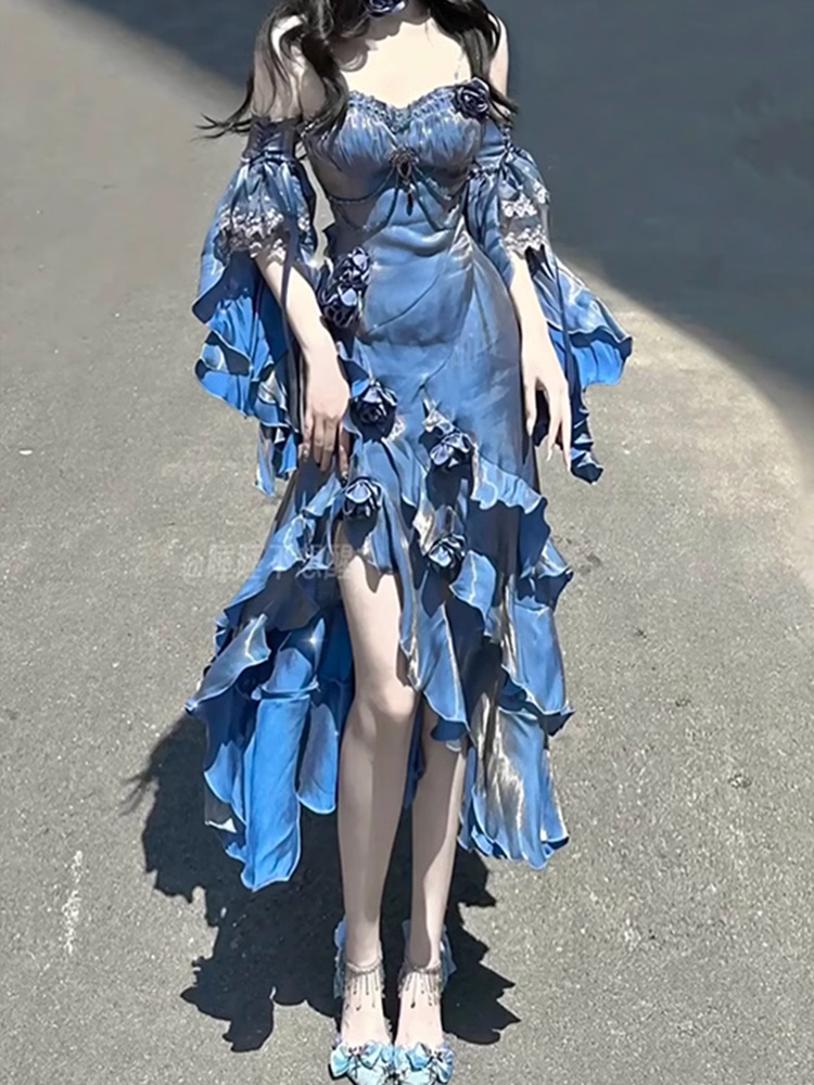 Pretty Sheath Irregular Ruffled Spaghetti Straps Women's Blue Long Birthday Party Dresses