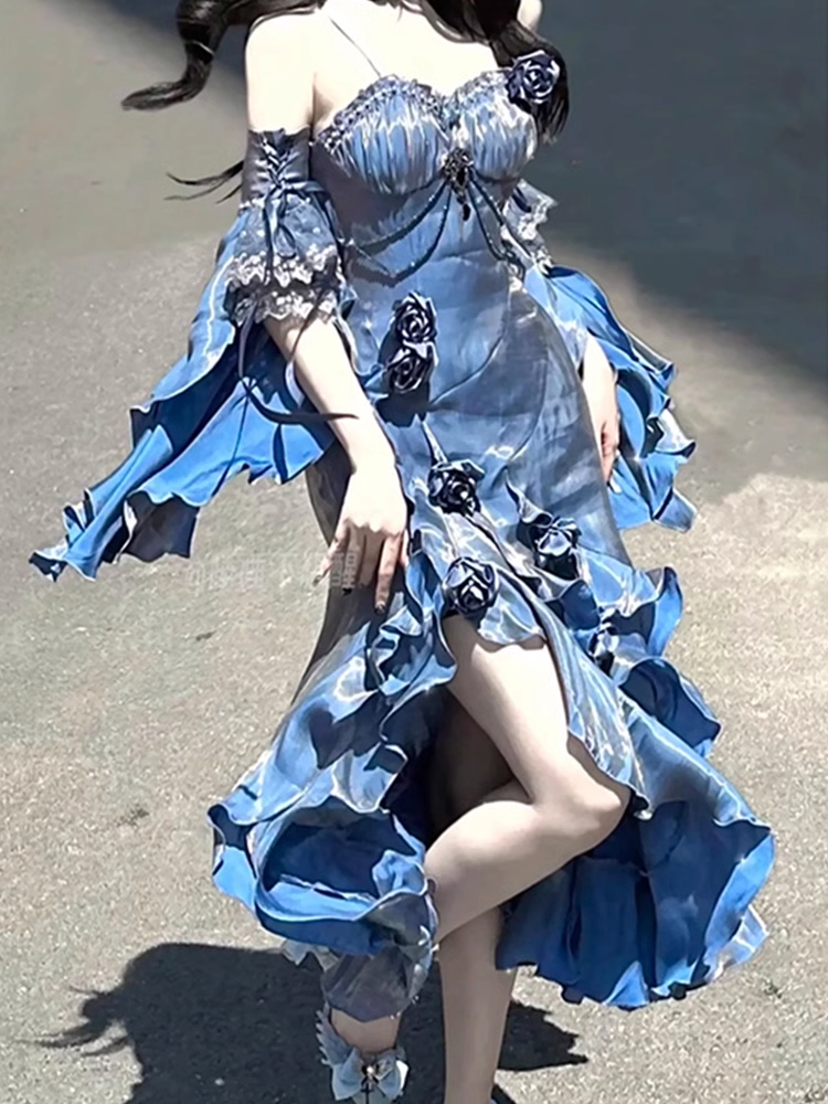 Pretty Sheath Irregular Ruffled Spaghetti Straps Women's Blue Long Birthday Party Dresses