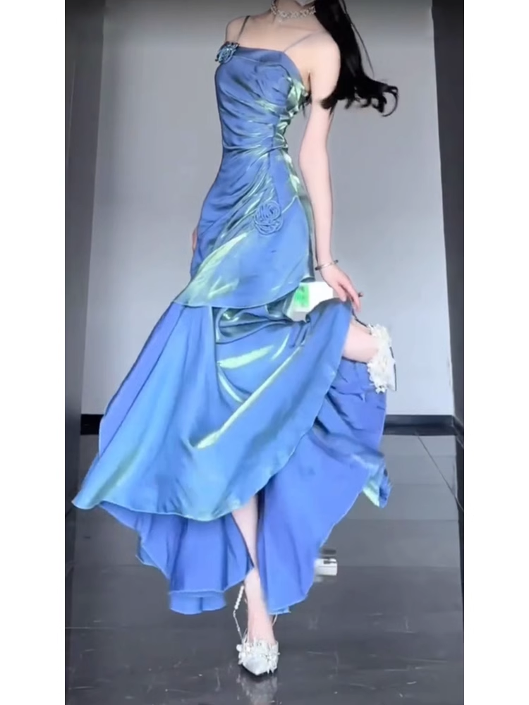 Retro Mermaid Spaghetti Straps Blue Ankle length Prom Dresses Birthday Outfits With Flower