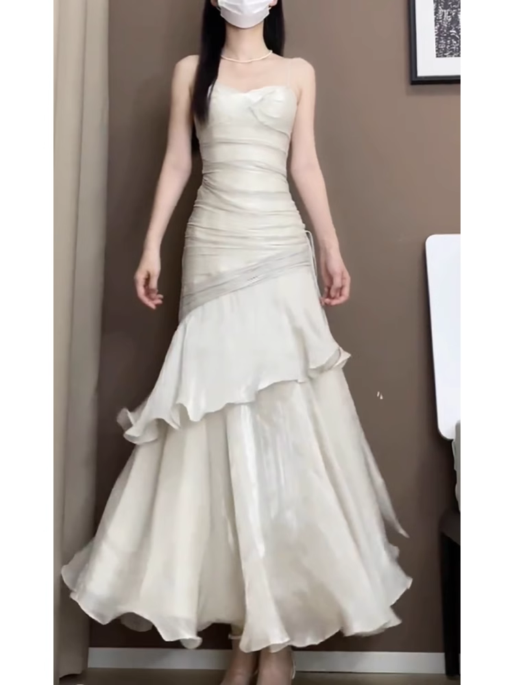 Retro Mermaid Spaghetti Straps Ankle length Prom Dresses Birthday Outfits With Ruffles