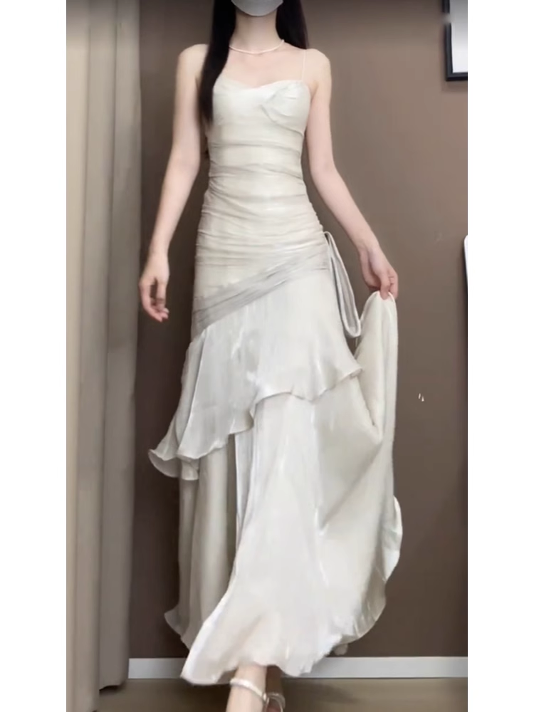 Retro Mermaid Spaghetti Straps Ankle length Prom Dresses Birthday Outfits With Ruffles