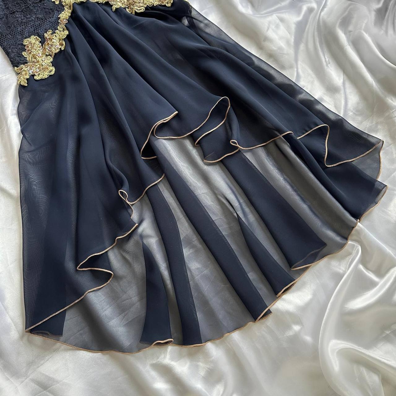 Elegant High Low Straps Black Chiffon Lace Prom Dresses Ruffles Evening Dress