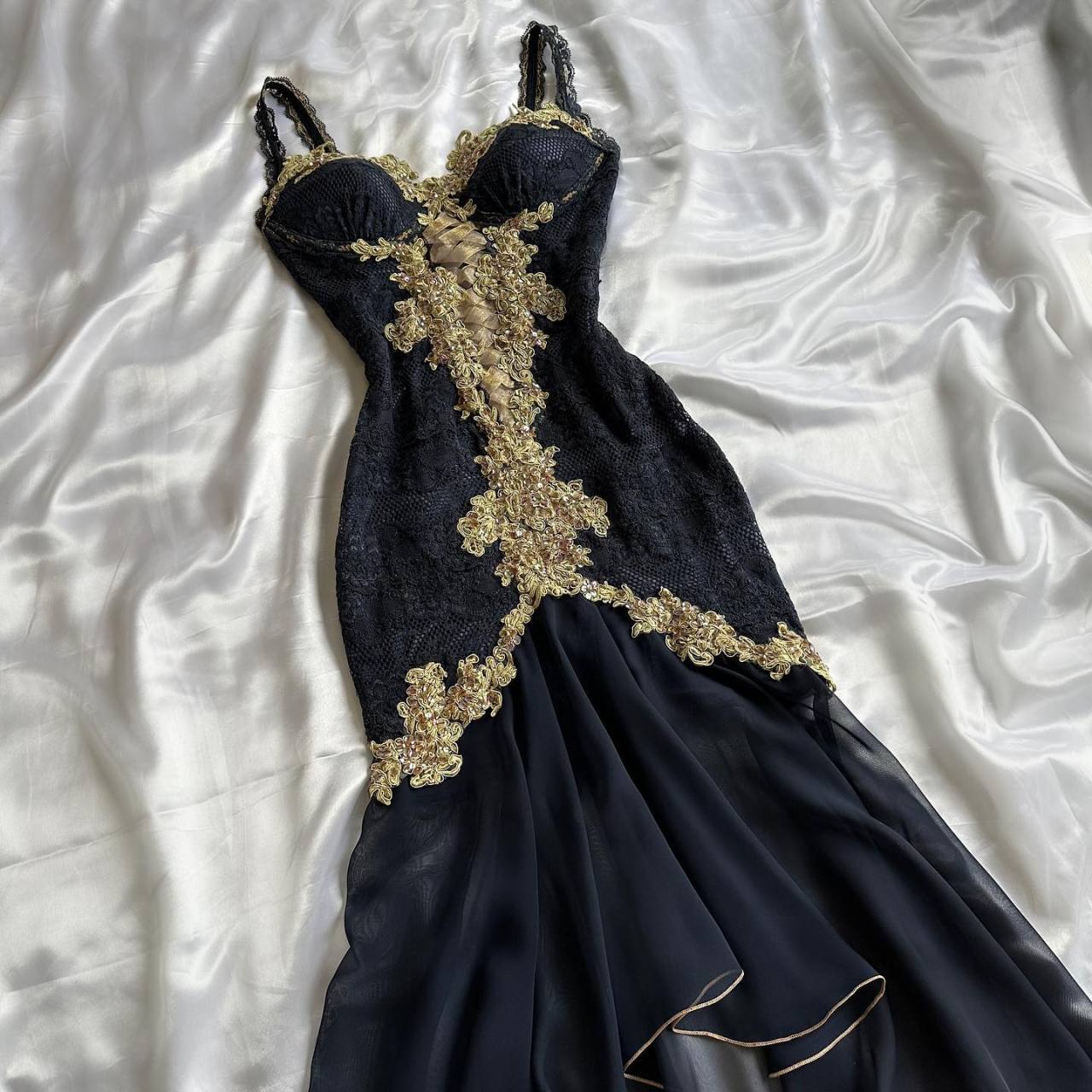 Elegant High Low Straps Black Chiffon Lace Prom Dresses Ruffles Evening Dress