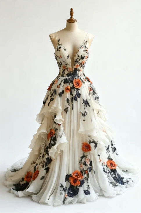 Unique Chiffon Appliques Prom Dress Long Party Evening Dress