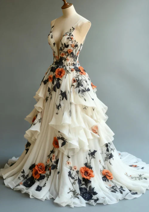 Unique Chiffon Appliques Prom Dress Long Party Evening Dress