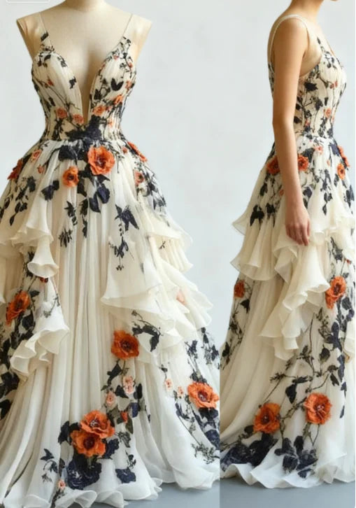 Unique Chiffon Appliques Prom Dress Long Party Evening Dress
