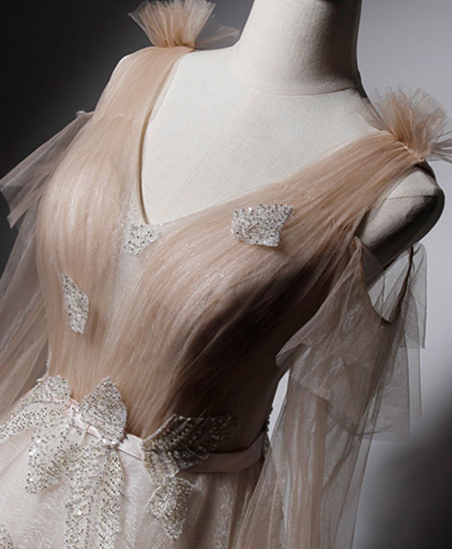 Champagne v neck tulle lace long prom dress champagne evening dress