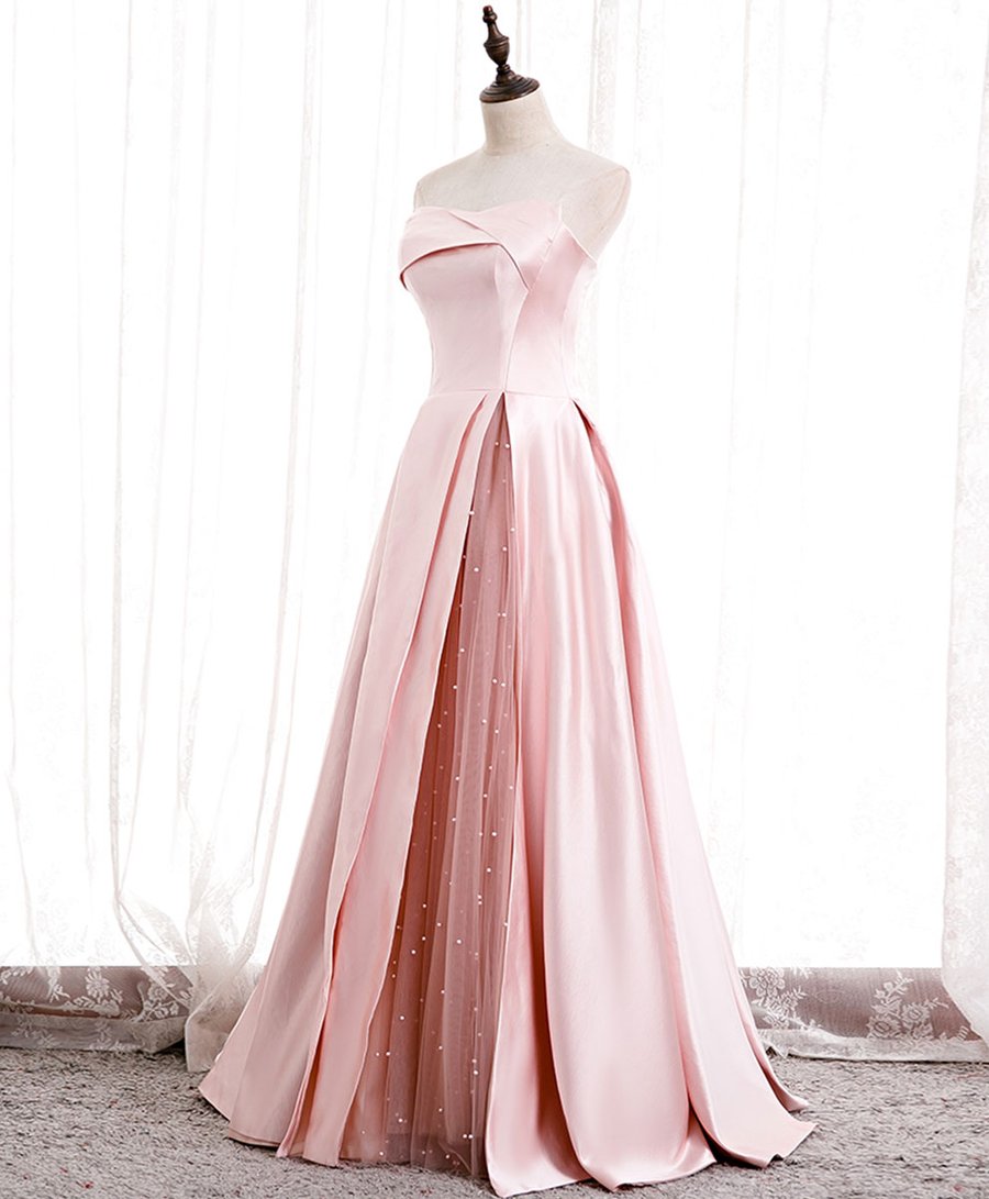 Simple satin long pink prom dress, pink evening dress BD81