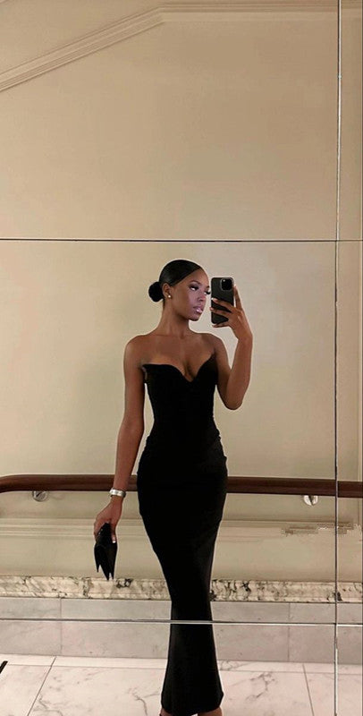 Strapless Prom Dress Black Elegant Evening Party Dress