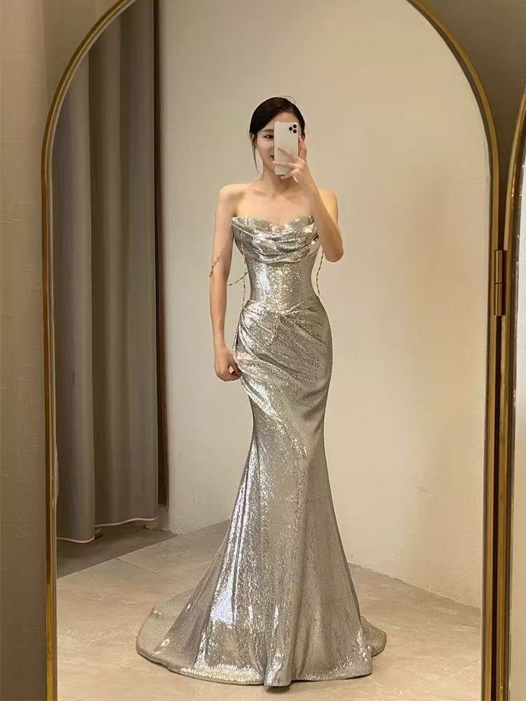 Elegant Mermaid Siver Sequin Prom Dress Sleeveless Evening Party Dress