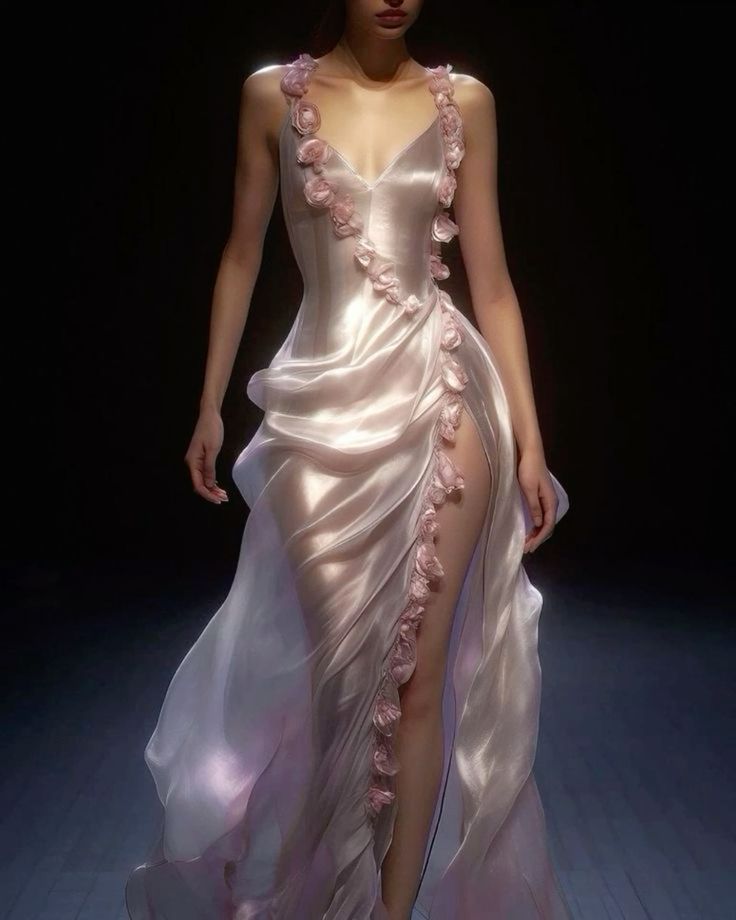 3D Flowers Sexy Long Dress,Pink V Neck Evening Party Dress