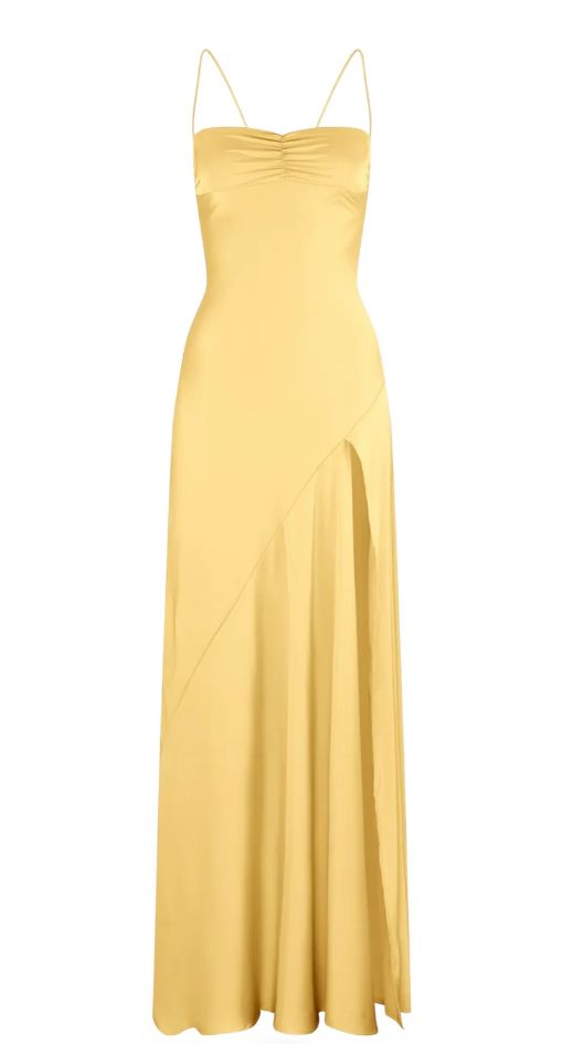 Yellow Spaghetti Straps Long Prom Dress With Slit
