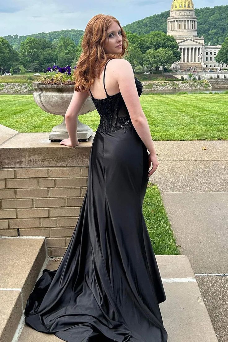 Spaghetti Straps Appliques Satin High Slit Party Prom Formal Evening Dress
