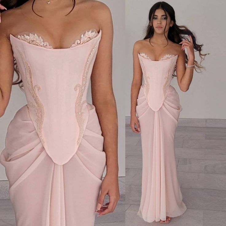 Pink vintage elegant beaded chiffon evening dress